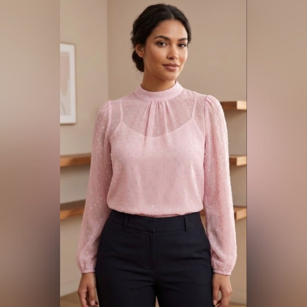 Pink Sheer Chiffon Clip Dot Mock Neck Long Sleeve Blouse - Picture 2 of 13